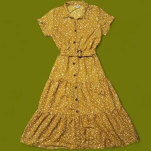 Women’s Belted Floral Yellow Button-Down Dress